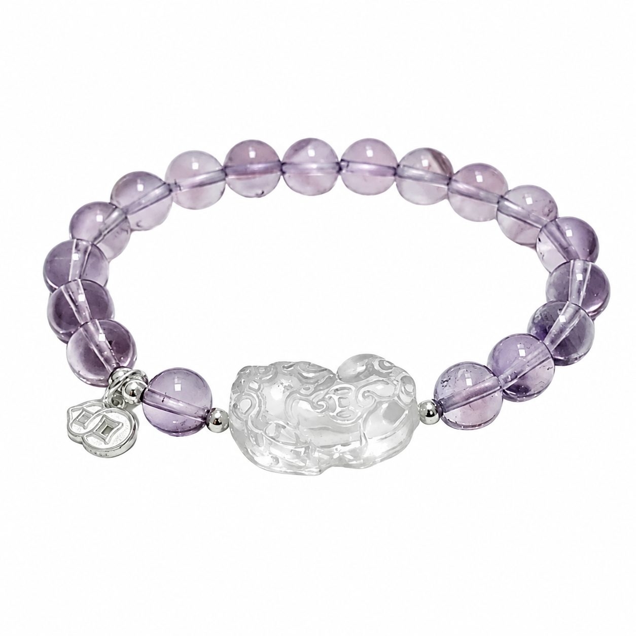 Natural Amethyst & Clear Crystal Pi Xiu Silver Bracelet