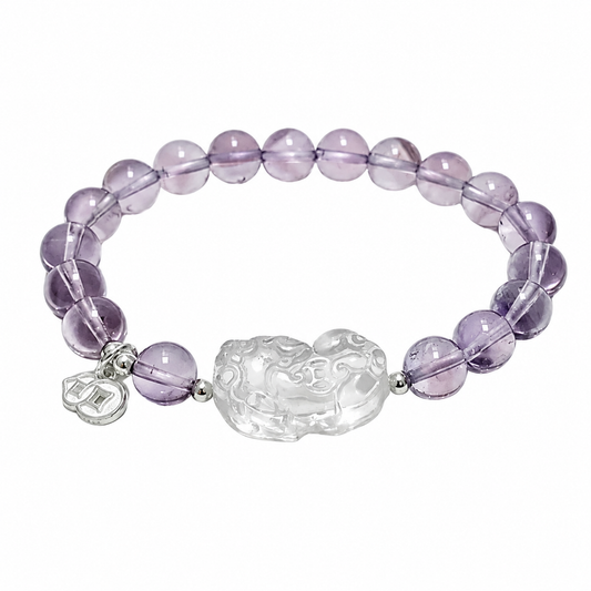 Natural Amethyst & Clear Crystal Pi Xiu Silver Bracelet