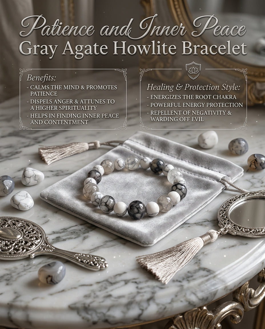 Patience and Inner Peace Gray Agate Howlite Bracelet for Safety