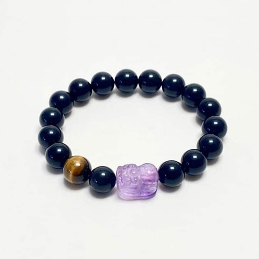 “Purple Fortune” Amethyst & Black Obsidian Pi Xiu Bracelet