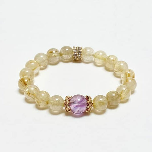 “Purple Prosperity” Natural Amethyst & Rutilated Quartz Bracelet
