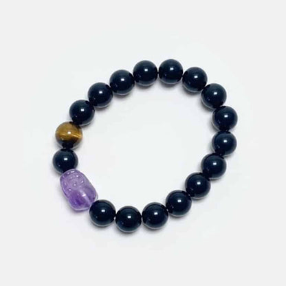 “Purple Fortune” Amethyst & Black Obsidian Pi Xiu Bracelet