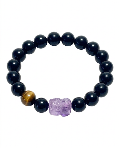 “Purple Fortune” Amethyst & Black Obsidian Pi Xiu Bracelet