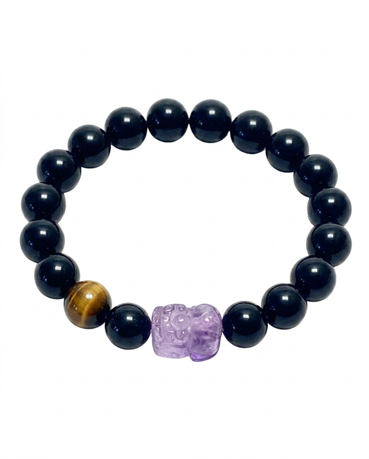“Purple Fortune” Amethyst & Black Obsidian Pi Xiu Bracelet