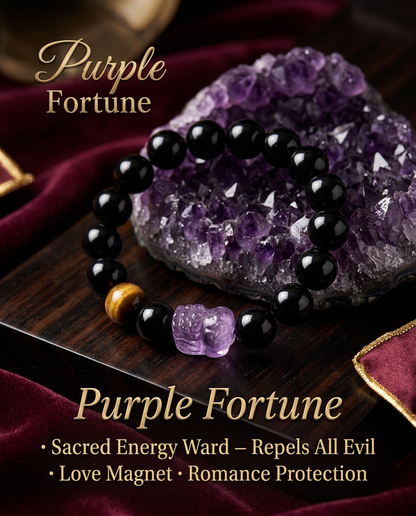 “Purple Fortune” Amethyst & Black Obsidian Pi Xiu Bracelet