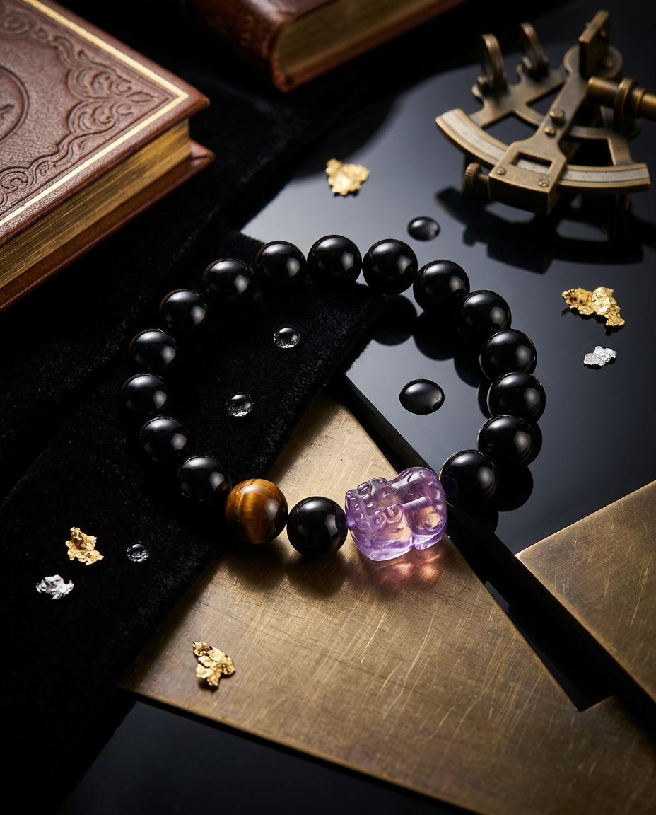 “Purple Fortune” Amethyst & Black Obsidian Pi Xiu Bracelet