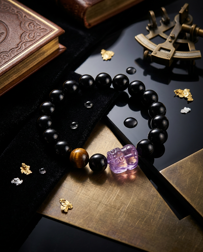 “Purple Fortune” Amethyst & Black Obsidian Pi Xiu Bracelet