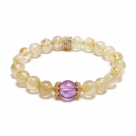 “Purple Prosperity” Natural Amethyst & Rutilated Quartz Bracelet