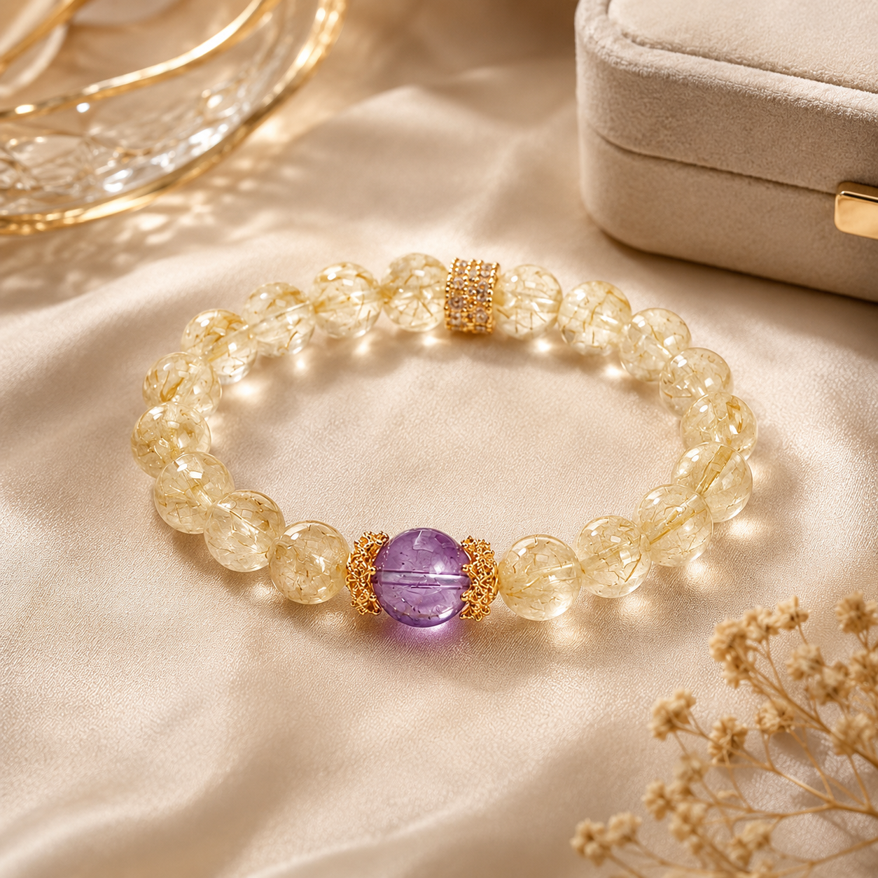 Purple Prosperity Natural Amethyst & Rutilated Quartz Bracelet - side angle