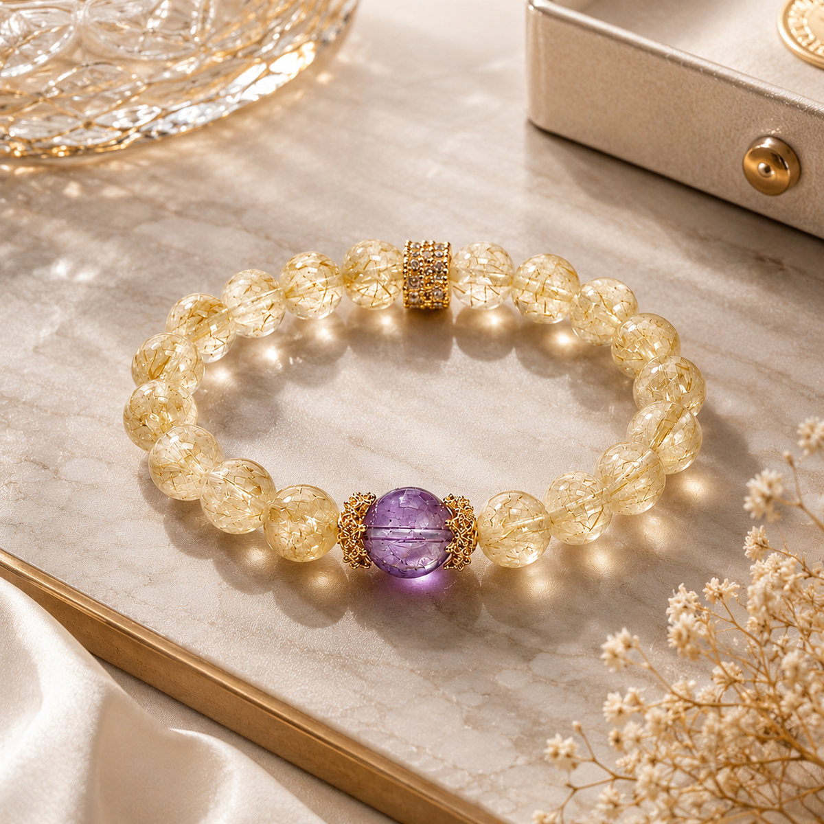 Purple Prosperity Natural Amethyst & Rutilated Quartz Bracelet - on display