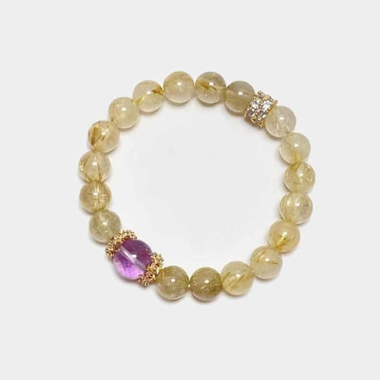 “Purple Prosperity” Natural Amethyst & Rutilated Quartz Bracelet