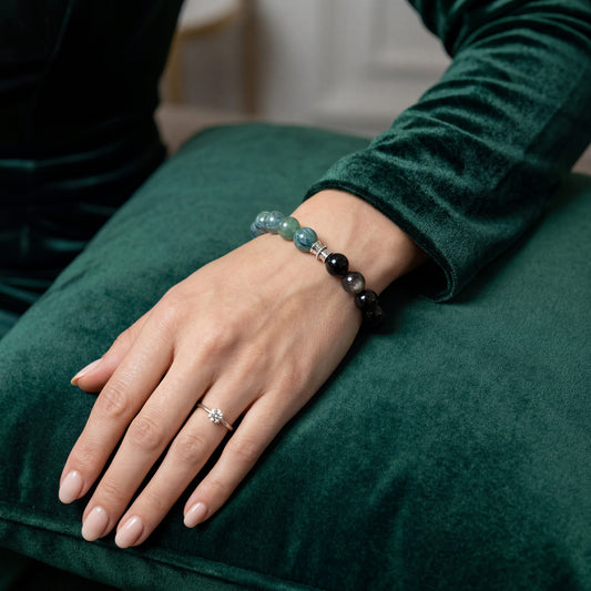 Original Design "Breakthrough & Balance" Natural Silver Obsidian and Blue-Green Crystal Bracelet