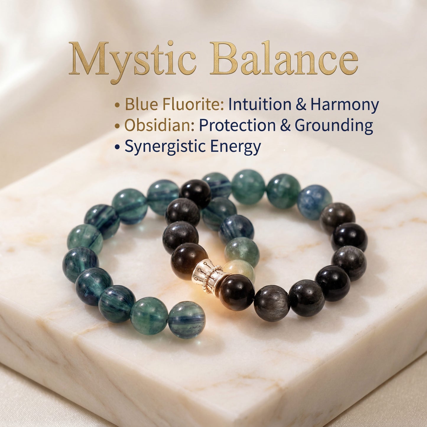 Original Design "Breakthrough & Balance" Natural Silver Obsidian and Blue-Green Crystal Bracelet