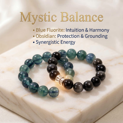 Original Design "Breakthrough & Balance" Natural Silver Obsidian and Blue-Green Crystal Bracelet