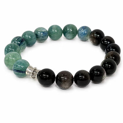 Original Design "Breakthrough & Balance" Natural Silver Obsidian and Blue-Green Crystal Bracelet