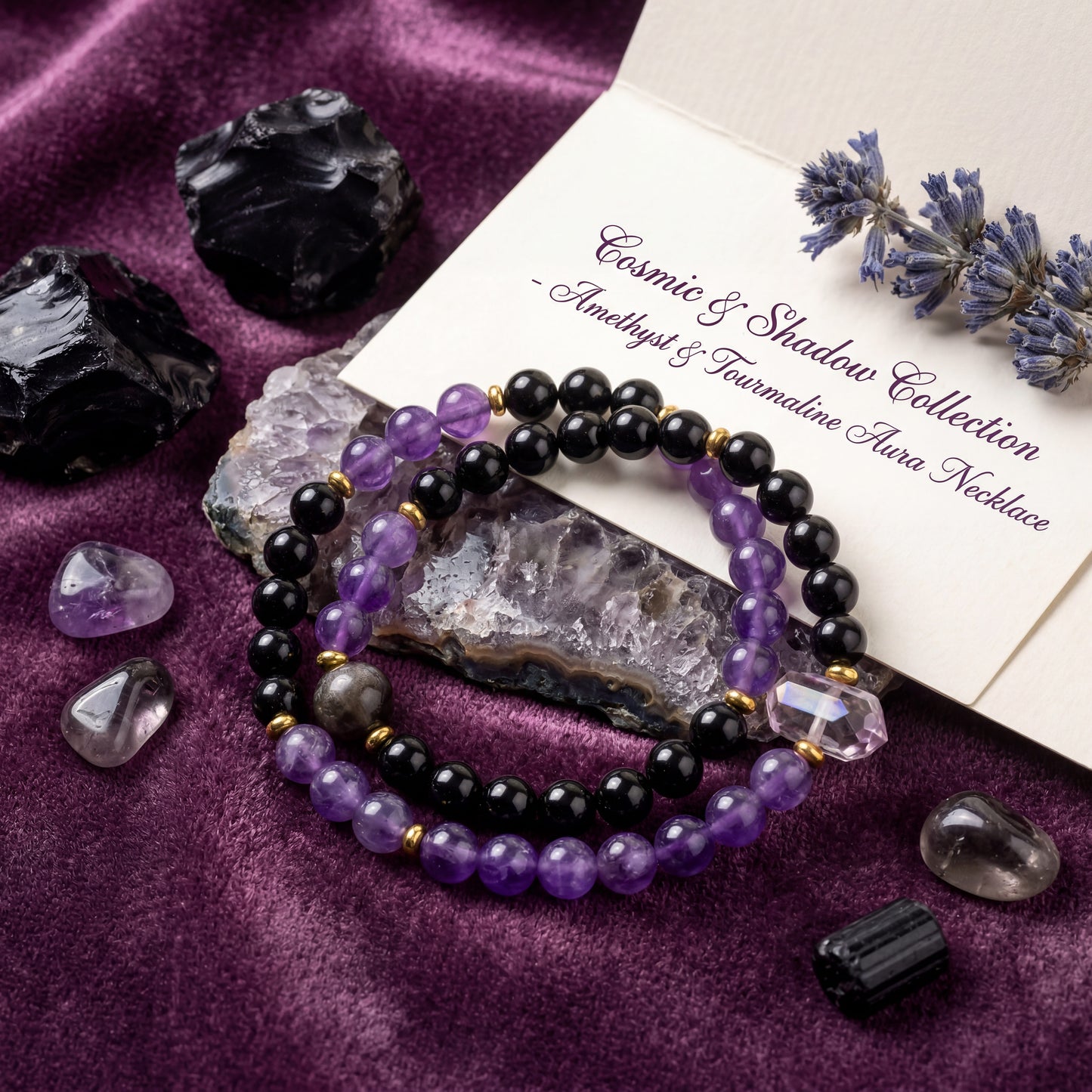 Original Design Natural Black Onyx & Amethyst Layered Bracelet