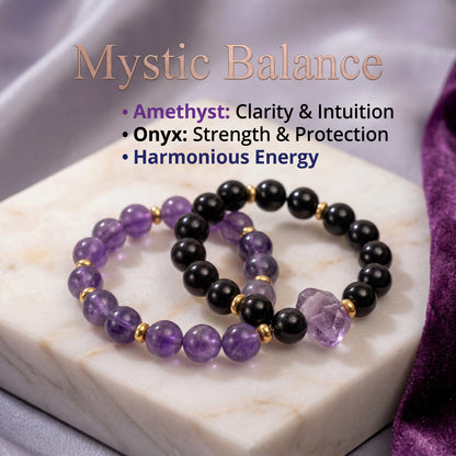 Original Design Natural Black Onyx & Amethyst Layered Bracelet