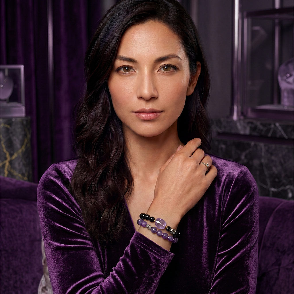 Original Design Natural Black Onyx & Amethyst Layered Bracelet
