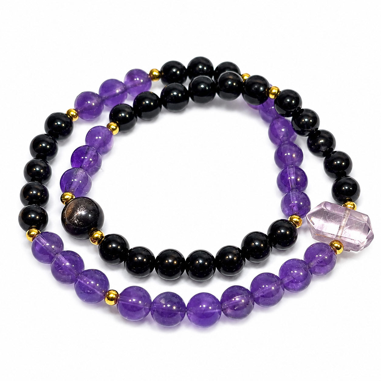 Original Design Natural Black Onyx & Amethyst Layered Bracelet