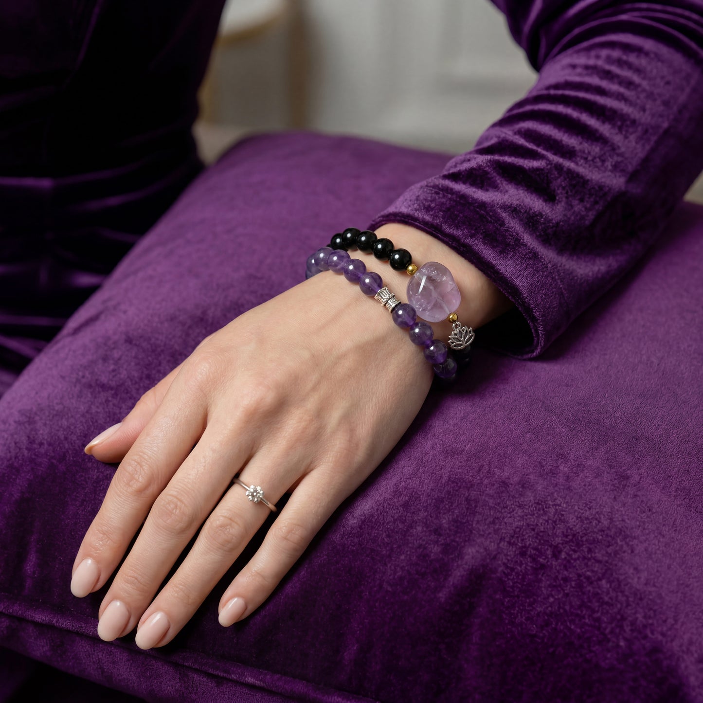 Original Design Natural Black Onyx & Amethyst Layered Bracelet