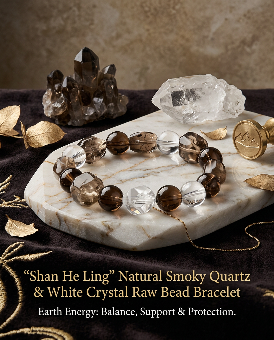“Shan He Ling” Natural Smoky Quartz & White Crystal Raw Bead Bracelet