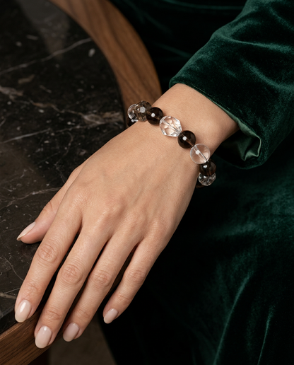 “Shan He Ling” Natural Smoky Quartz & White Crystal Raw Bead Bracelet