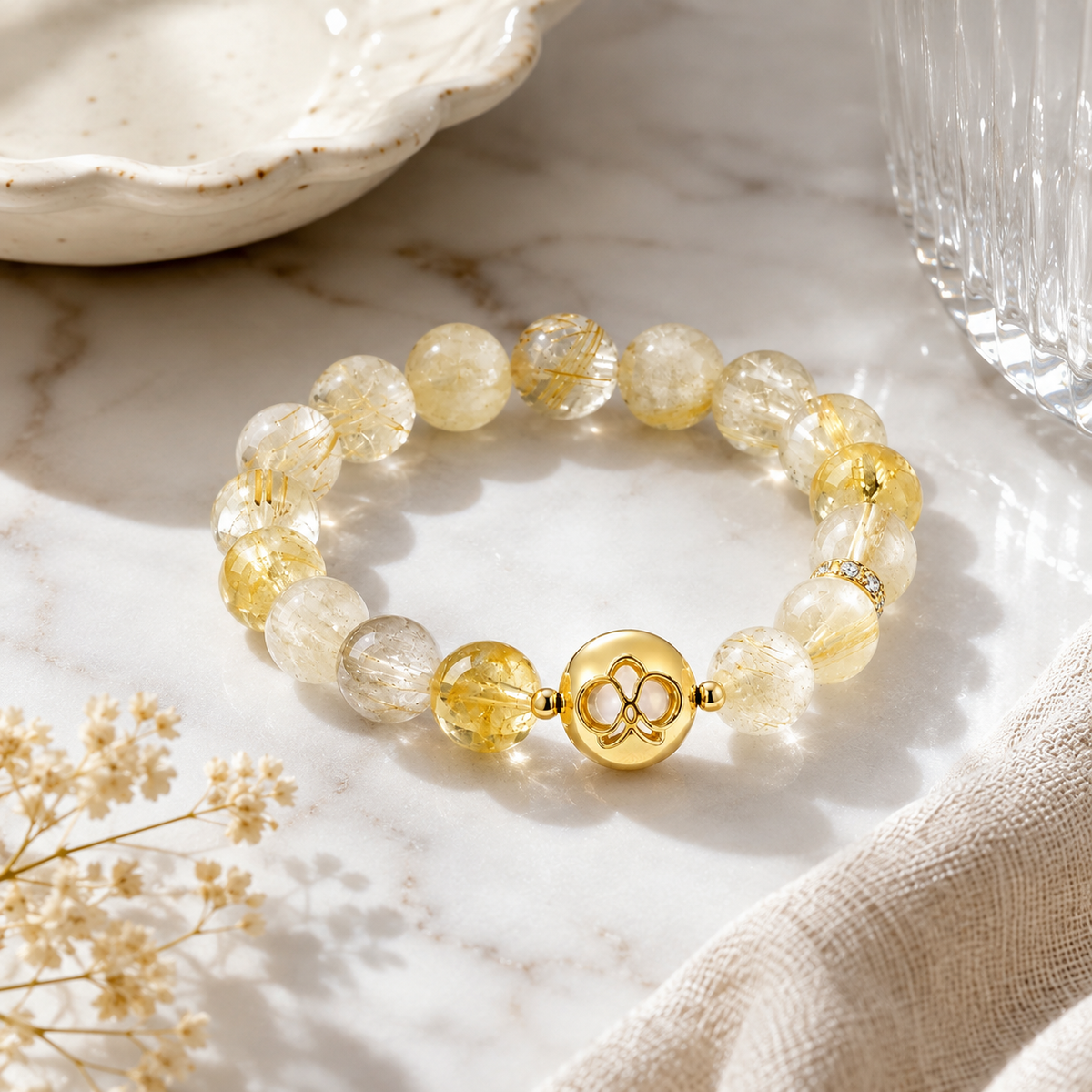 Solar Flare Natural Citrine & Rutilated Quartz Bracelet - side angle