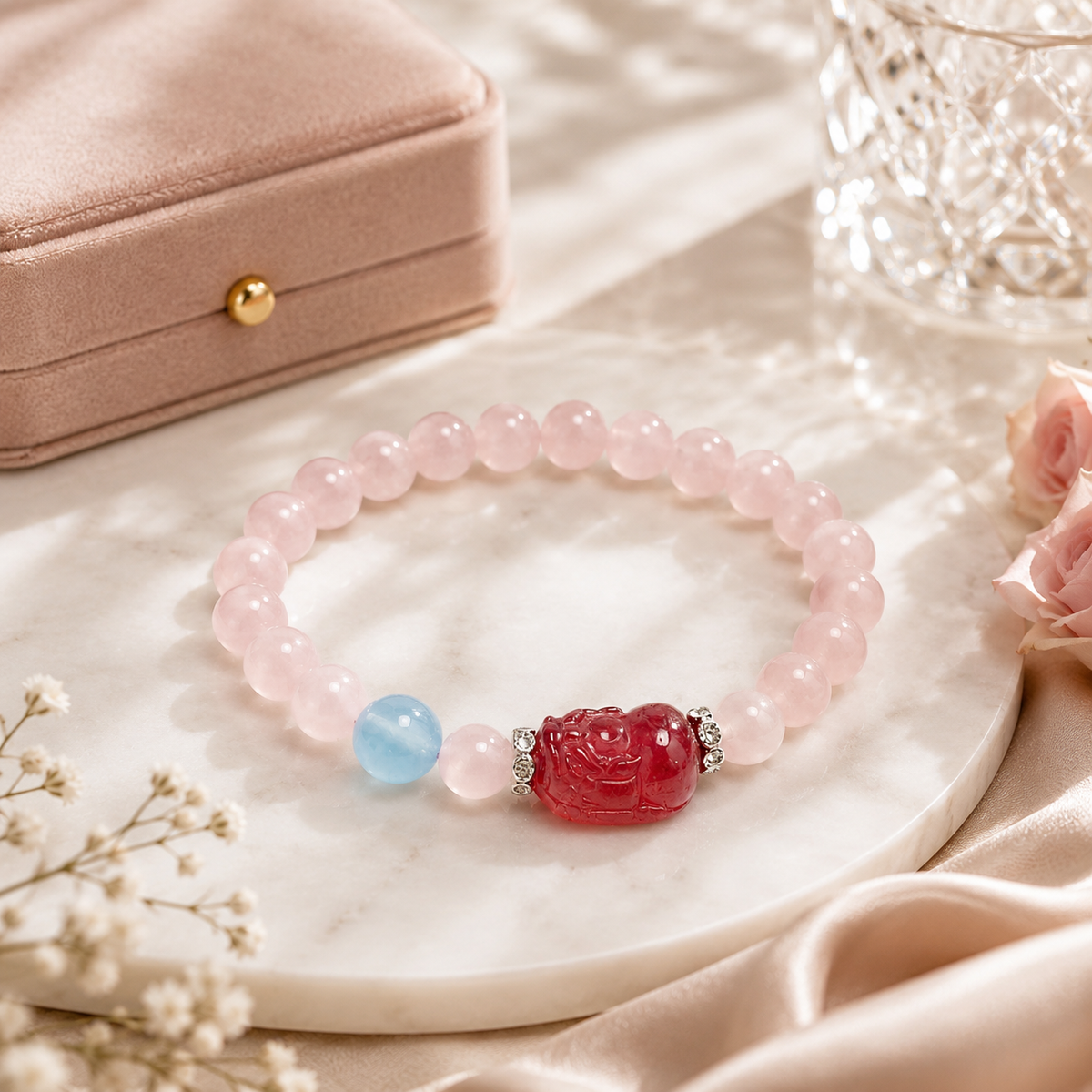 Strawberry Quartz + Pi Xiu Charm + Pink Aventurine & Aquamarine - side angle
