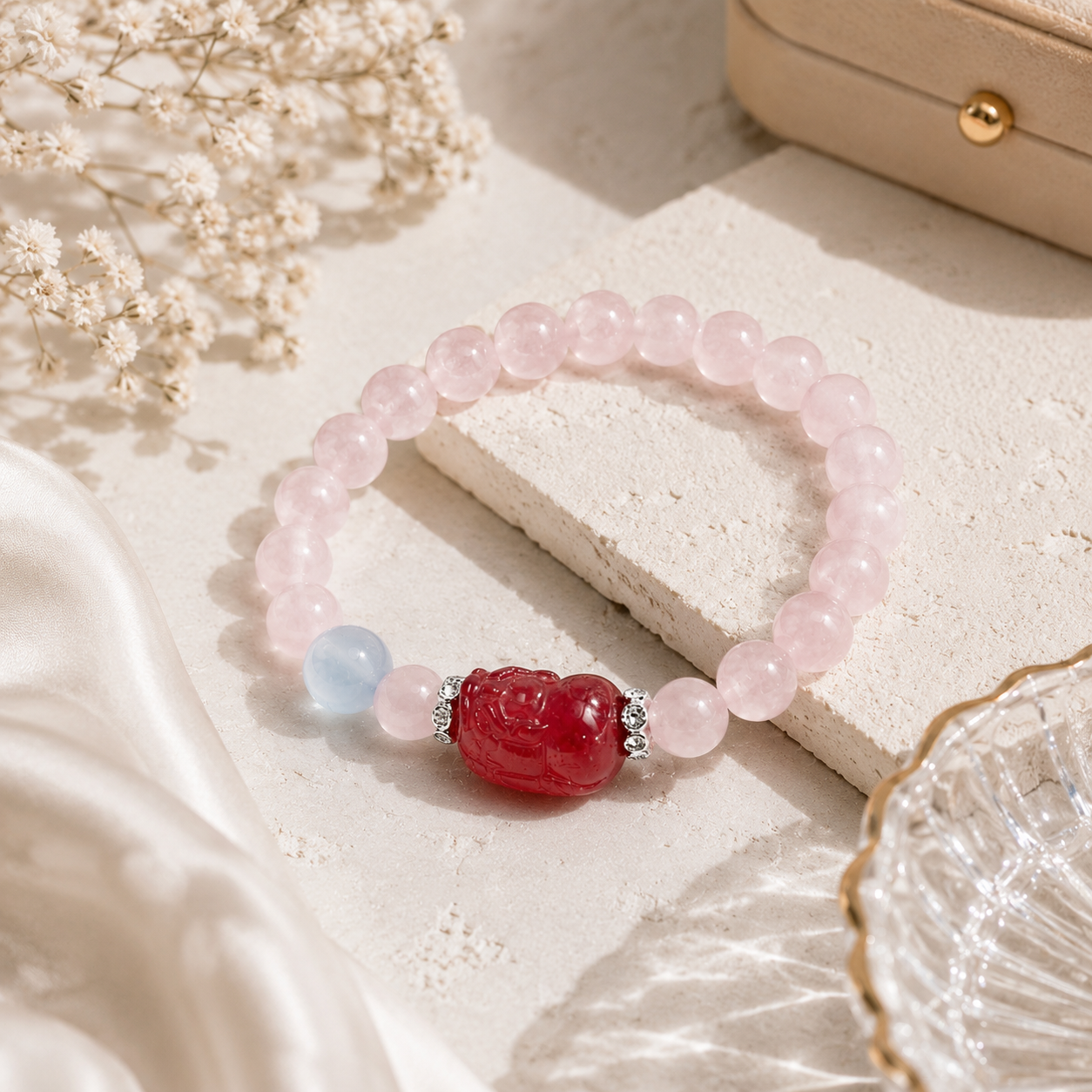 Strawberry Quartz + Pi Xiu Charm + Pink Aventurine & Aquamarine - on display