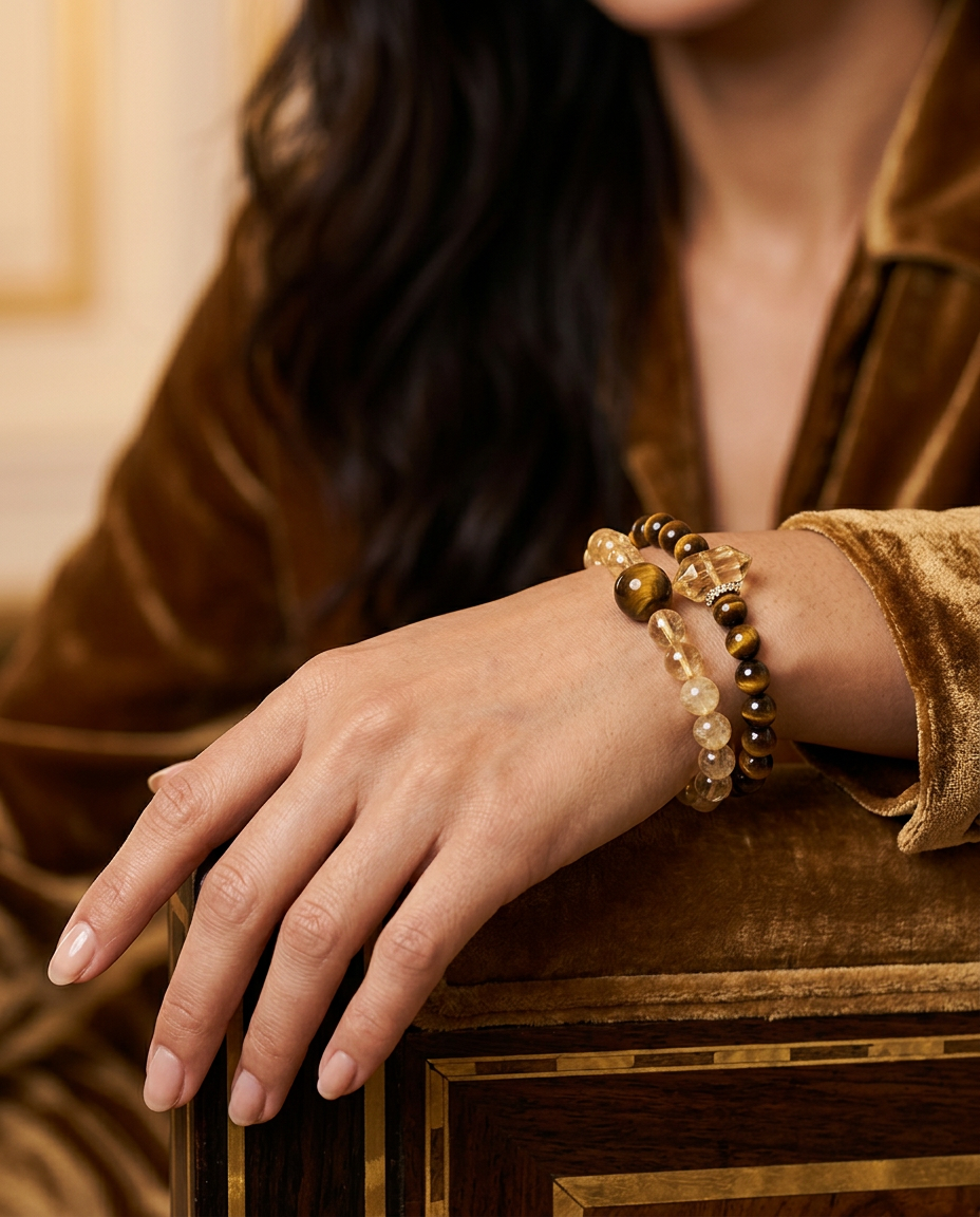 “Sunlit Mountain” Double-Layer Tiger Eye & Citrine Beaded Bracelet