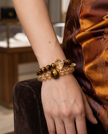 “Sunlit Mountain” Double-Layer Tiger Eye & Citrine Beaded Bracelet