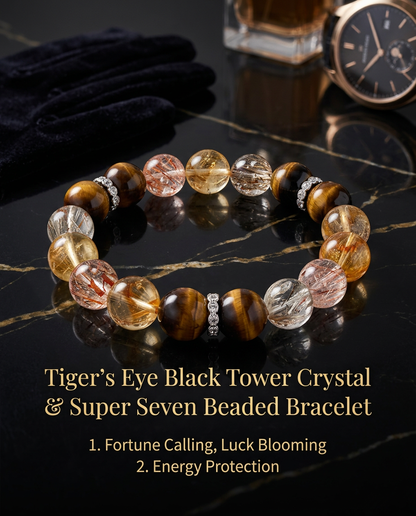 Year of Abundance: Tiger’s Eye Black Tower Crystal & Super Seven Beaded Bracelet for Women