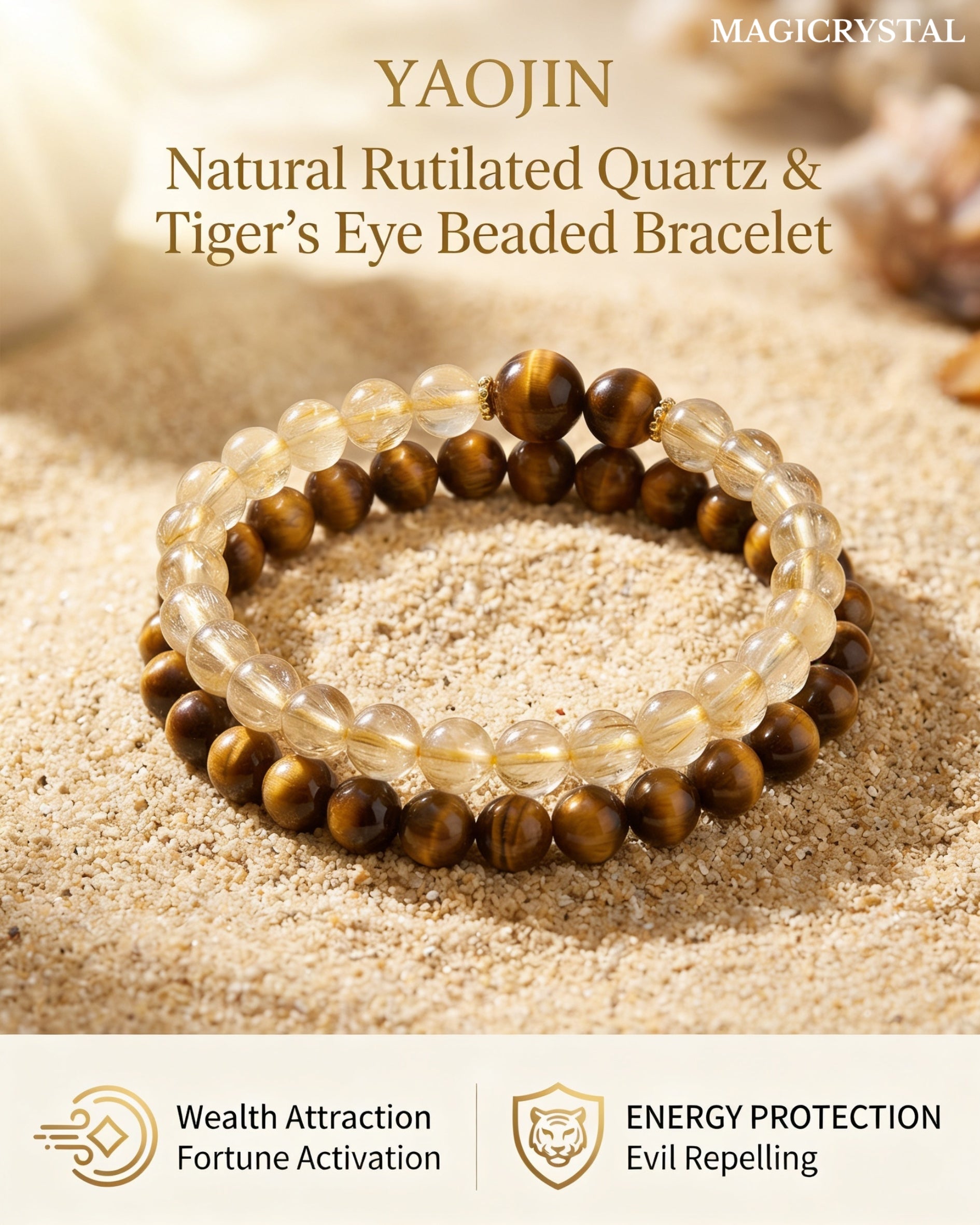 Yaojin Natural Rutilated Quartz & Tiger’s Eye Beaded Bracelet